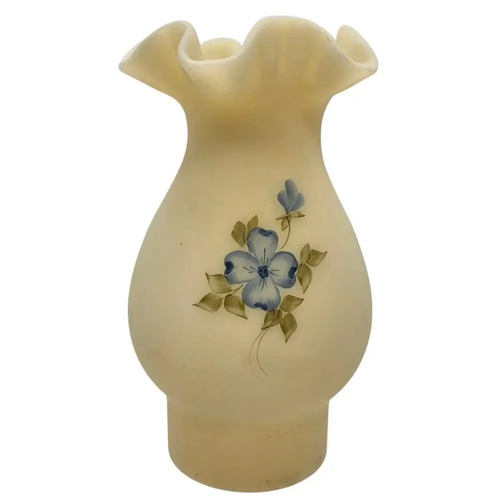 Fenton Glass Signed Globe for Hurricane Lamp Blue Dogwood On Satin Custard
